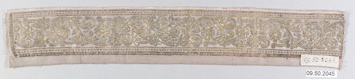 Strip, Silk and metal wrapped thread; satin weave, brocaded (kincob)
