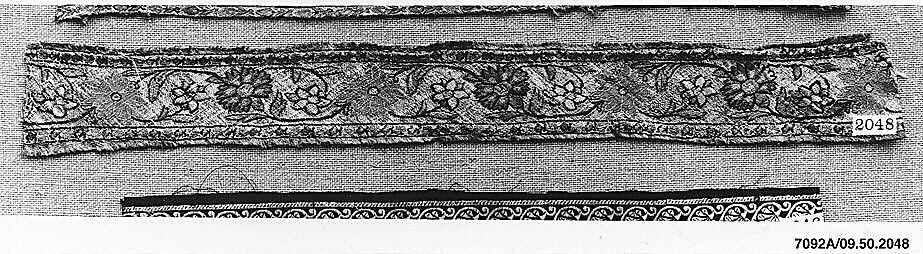 Textile Fragment, Silk, linen, metal wrapped thread; twill weave, brocaded