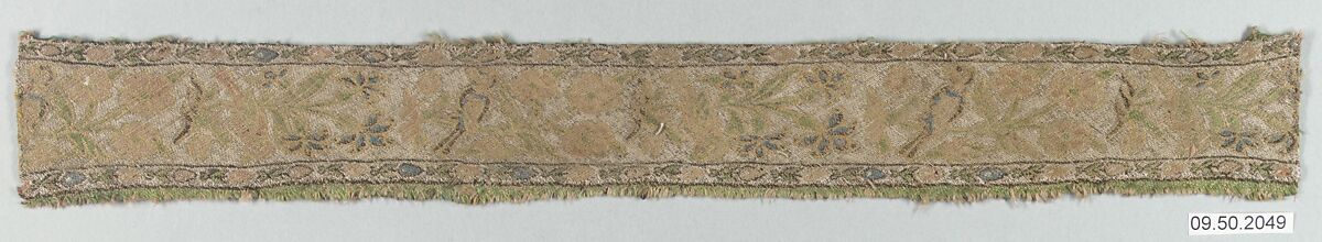Textile Fragment, Silk, linen, metal wrapped thread; twill weave, brocaded