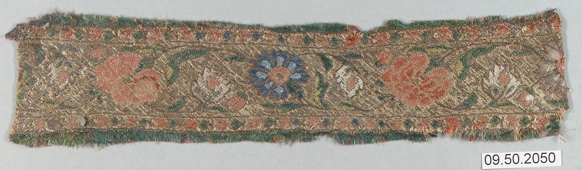 Textile Fragment, Silk, linen, metal wrapped thread; twill weave, brocaded