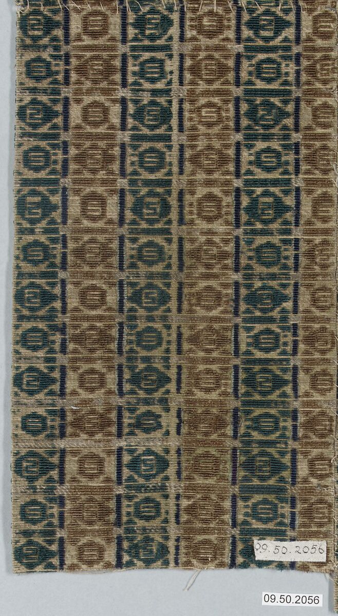 Textile Fragment, Linen, silk, and metal wrapped thread; plain weave, uncut and voided velvet, brocaded