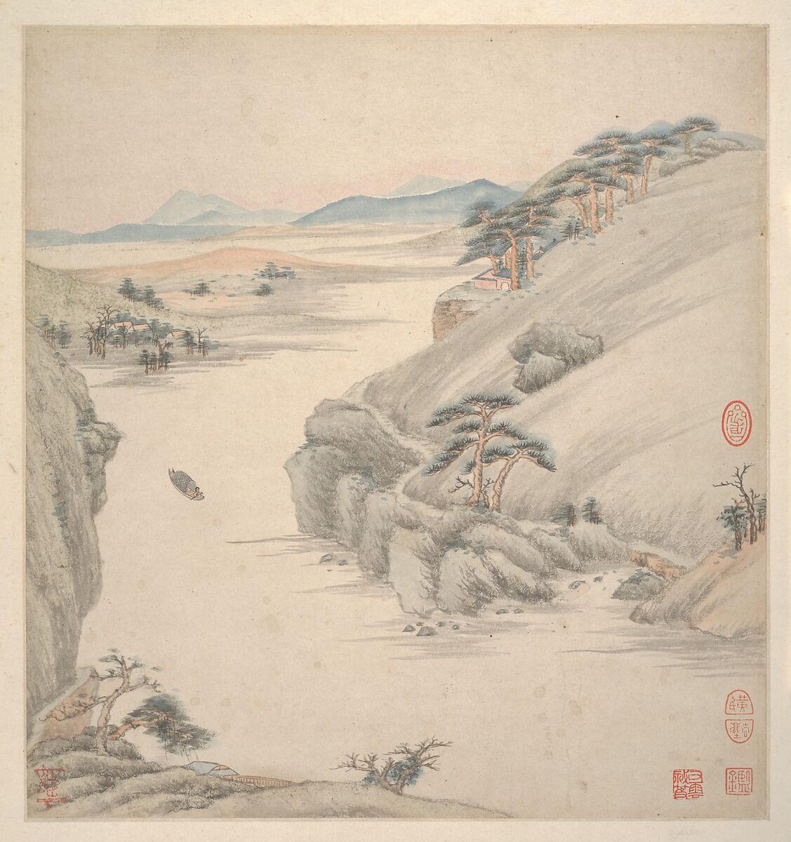 Landscapes in the styles of ancient masters, Wang Jian (Chinese, 1609–1677/88), Album of eighteen leaves; ink and color on paper, China
