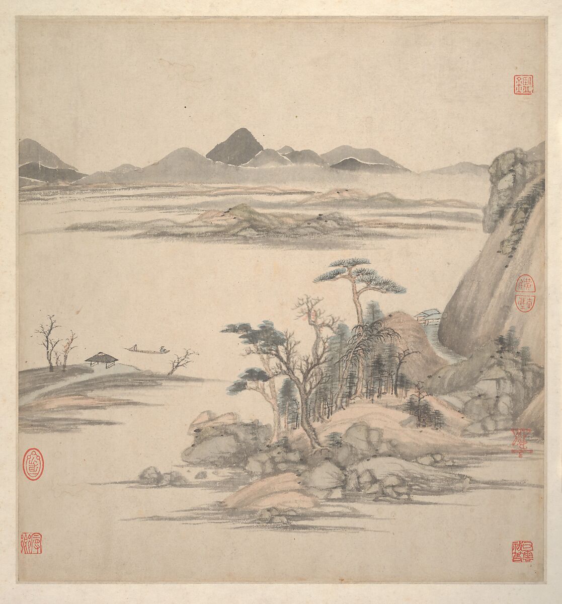 Landscapes in the styles of ancient masters, Wang Jian (Chinese, 1609–1677/88), Album of eighteen leaves; ink and color on paper, China