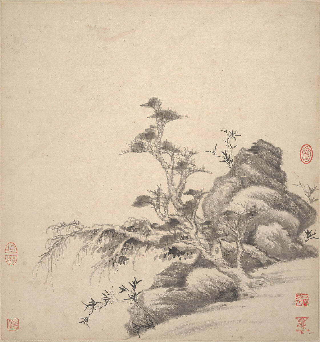 Landscapes in the styles of ancient masters, Wang Jian (Chinese, 1609–1677/88), Album of eighteen leaves; ink and color on paper, China