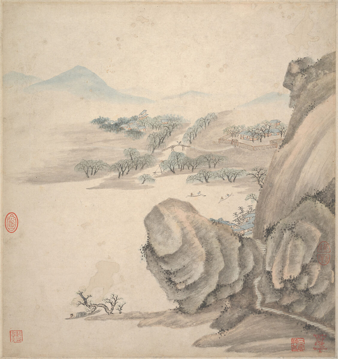 Landscapes in the styles of ancient masters, Wang Jian (Chinese, 1609–1677/88), Album of eighteen leaves; ink and color on paper, China