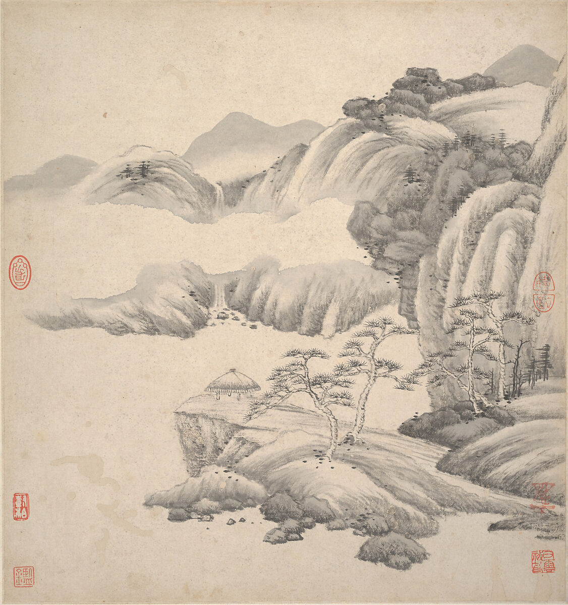 Landscapes in the styles of ancient masters, Wang Jian (Chinese, 1609–1677/88), Album of eighteen leaves; ink and color on paper, China