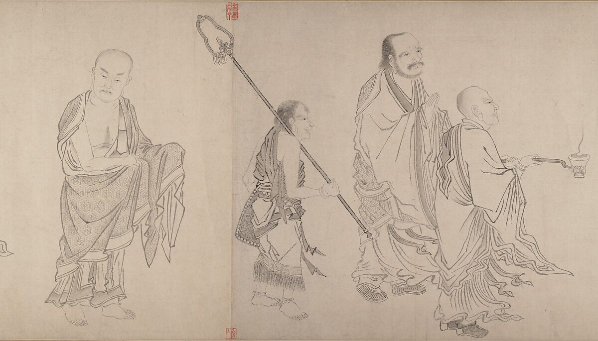 The Sixteen Luohans, Attributed to Qiu Ying (Chinese, ca. 1495–1552), Handscroll; ink on paper, China
