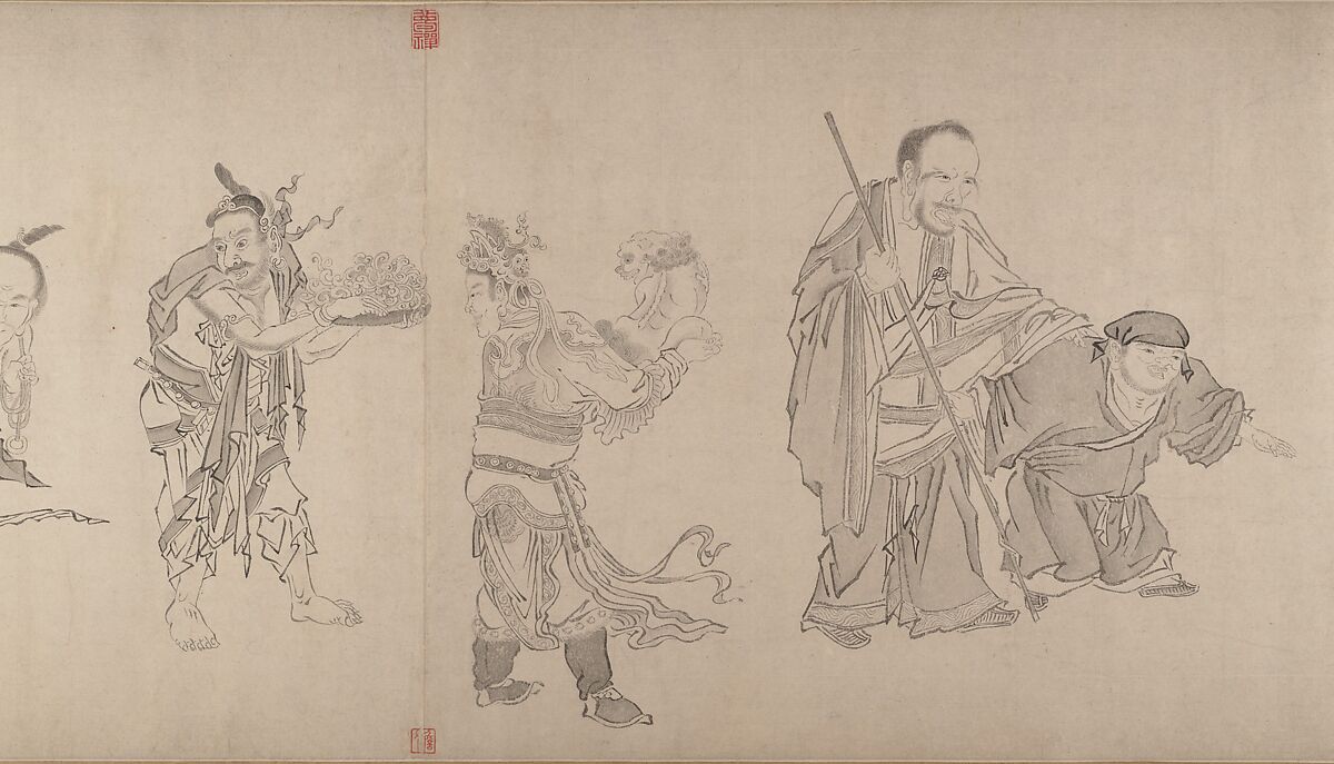 The Sixteen Luohans, Attributed to Qiu Ying (Chinese, ca. 1495–1552), Handscroll; ink on paper, China