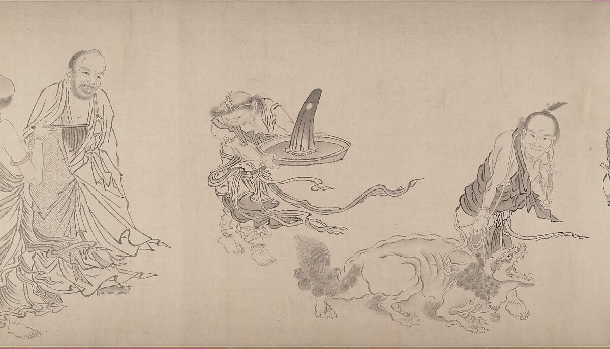 The Sixteen Luohans, Attributed to Qiu Ying (Chinese, ca. 1495–1552), Handscroll; ink on paper, China