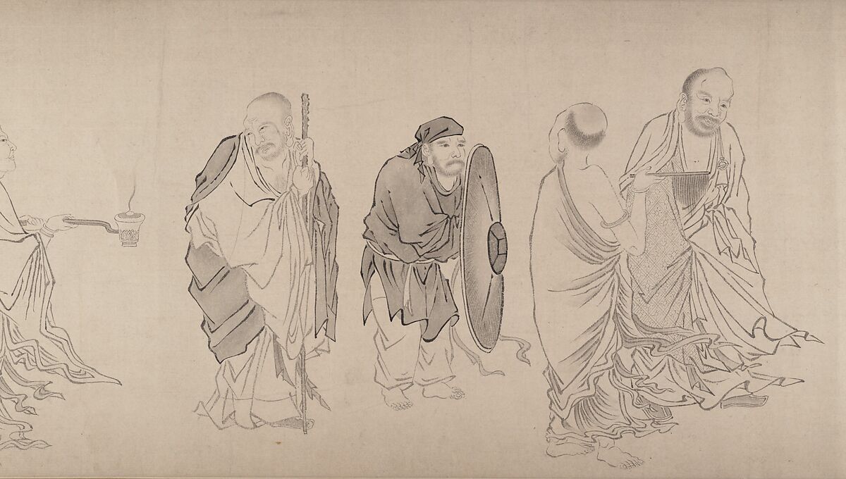 The Sixteen Luohans, Attributed to Qiu Ying (Chinese, ca. 1495–1552), Handscroll; ink on paper, China