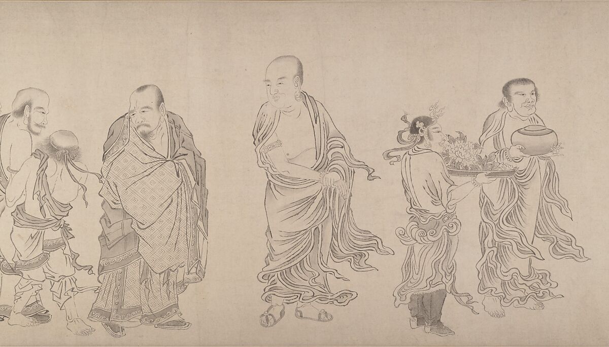 The Sixteen Luohans, Attributed to Qiu Ying (Chinese, ca. 1495–1552), Handscroll; ink on paper, China