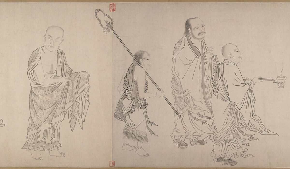 The Sixteen Luohans, Attributed to Qiu Ying (Chinese, ca. 1495–1552), Handscroll; ink on paper, China 