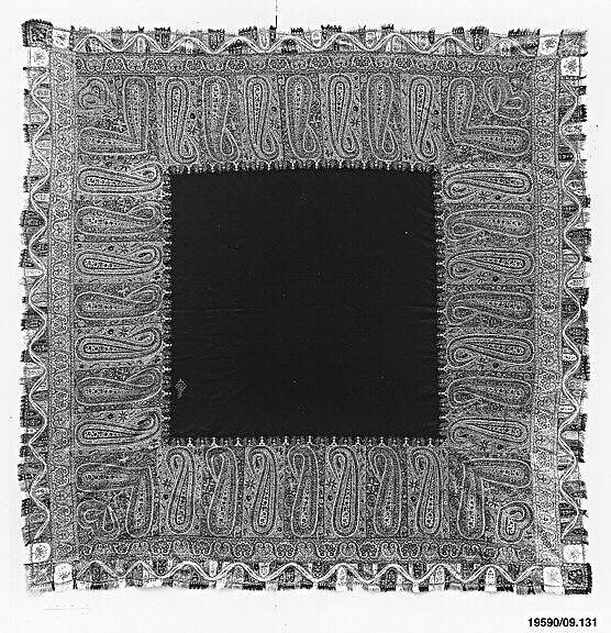 Shawl, Wool, silk; double interlocking twill tapestry weave, embroidered, pieced