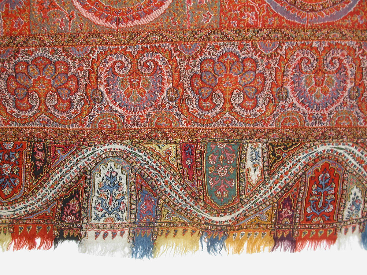 Shawl, Wool, silk; double interlocking twill tapestry weave, embroidered, pieced