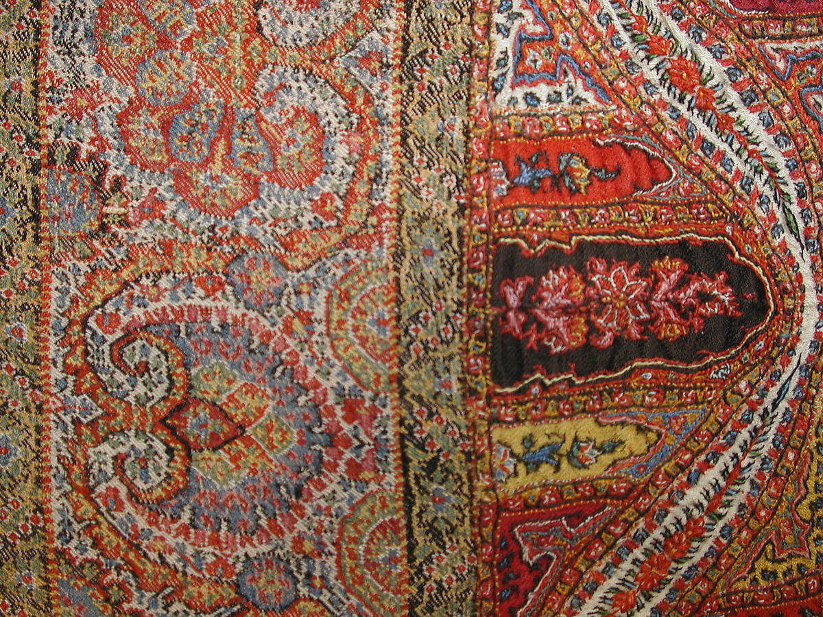 Shawl, Wool, silk; double interlocking twill tapestry weave, embroidered, pieced