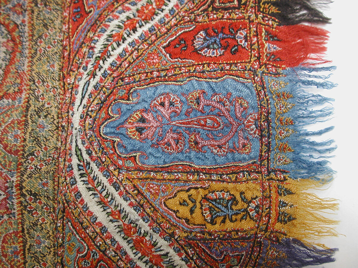 Shawl, Wool, silk; double interlocking twill tapestry weave, embroidered, pieced