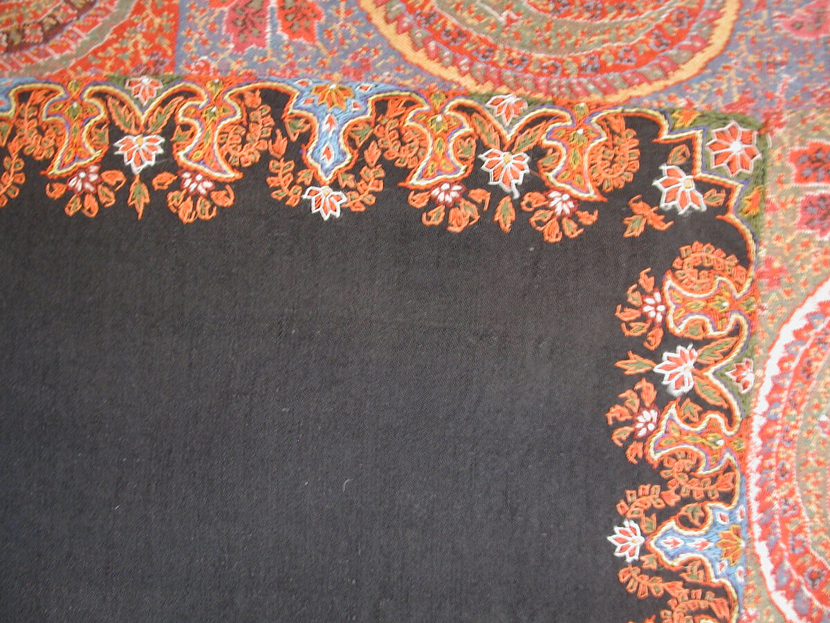 Shawl, Wool, silk; double interlocking twill tapestry weave, embroidered, pieced