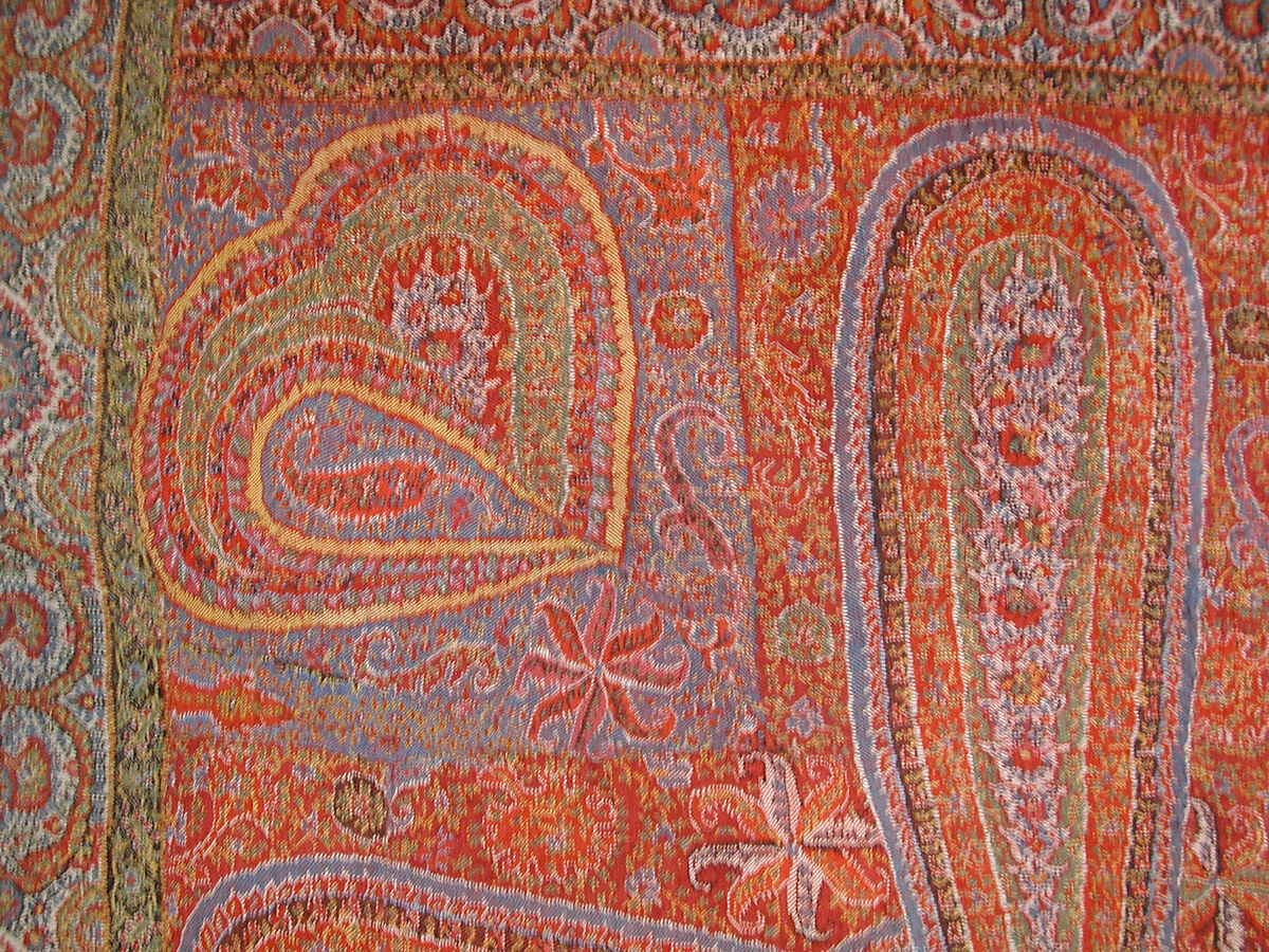 Shawl, Wool, silk; double interlocking twill tapestry weave, embroidered, pieced