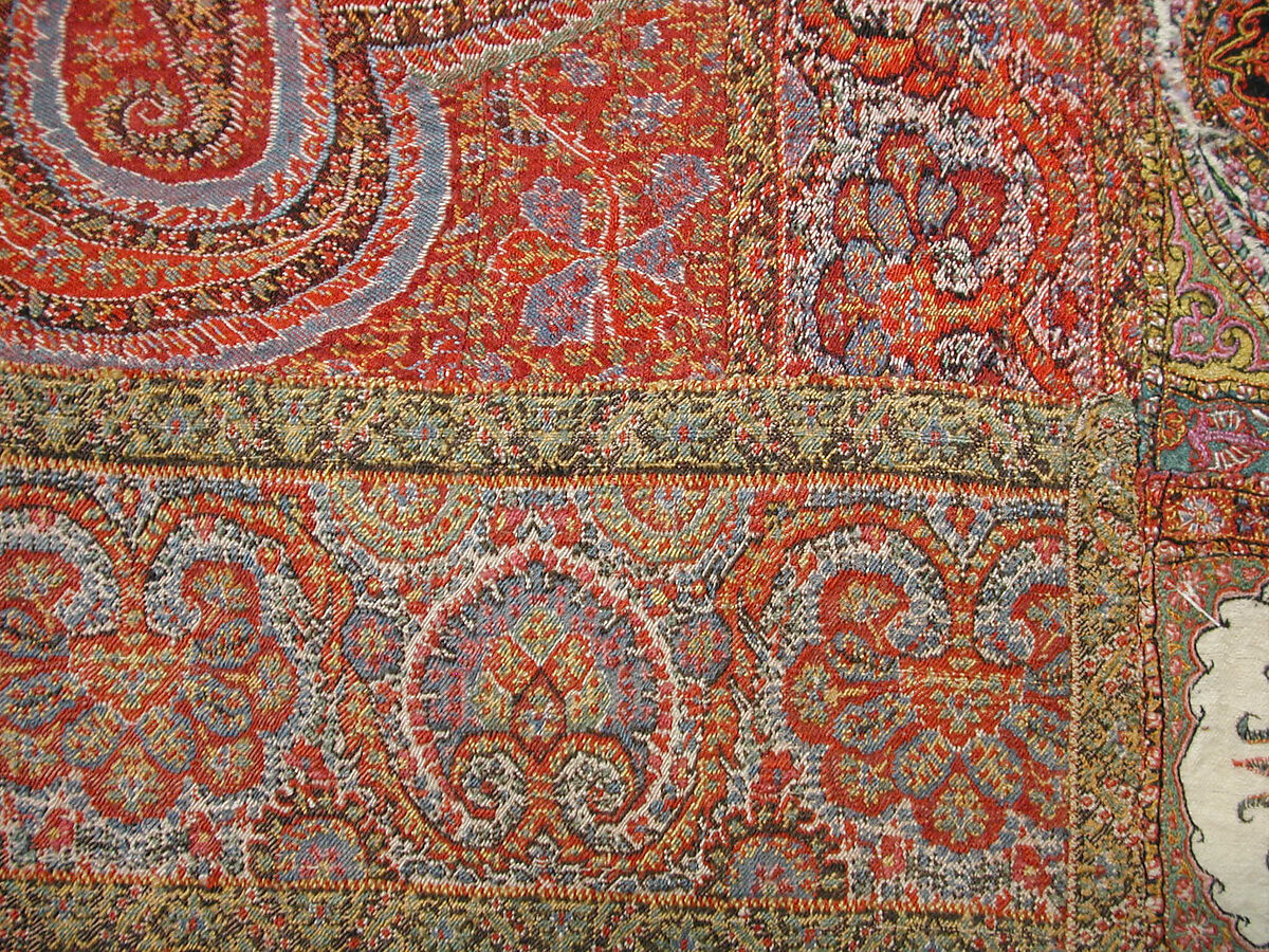 Shawl, Wool, silk; double interlocking twill tapestry weave, embroidered, pieced