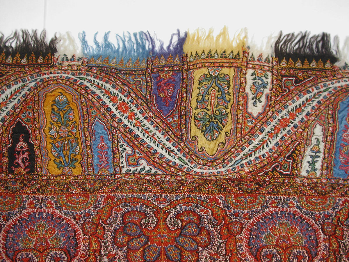 Shawl, Wool, silk; double interlocking twill tapestry weave, embroidered, pieced