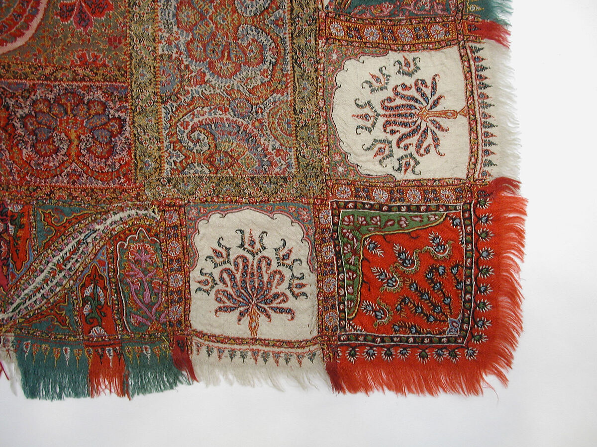 Shawl, Wool, silk; double interlocking twill tapestry weave, embroidered, pieced