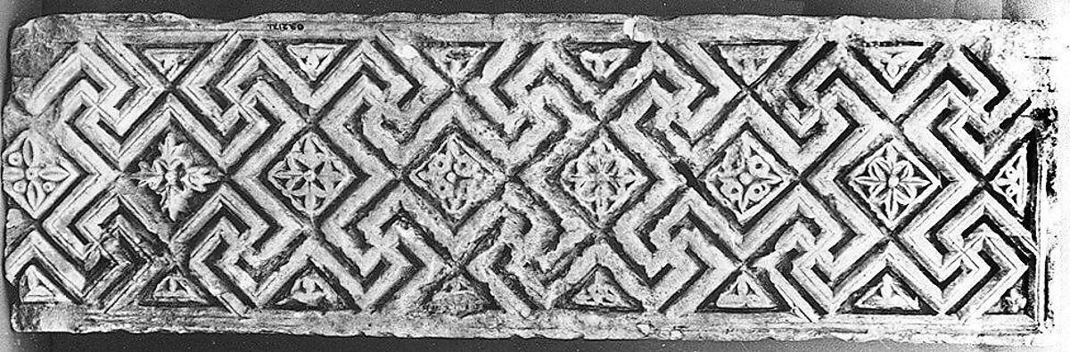 Fragment from a Frieze with Meander Pattern and Diamond-Shaped Rosettes, Limestone; carved in relief