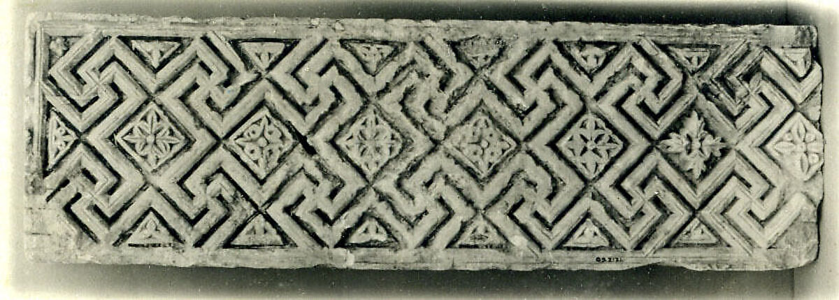 Fragment from a Frieze with Meander Pattern and Diamond-Shaped Rosettes, Limestone; carved in relief 