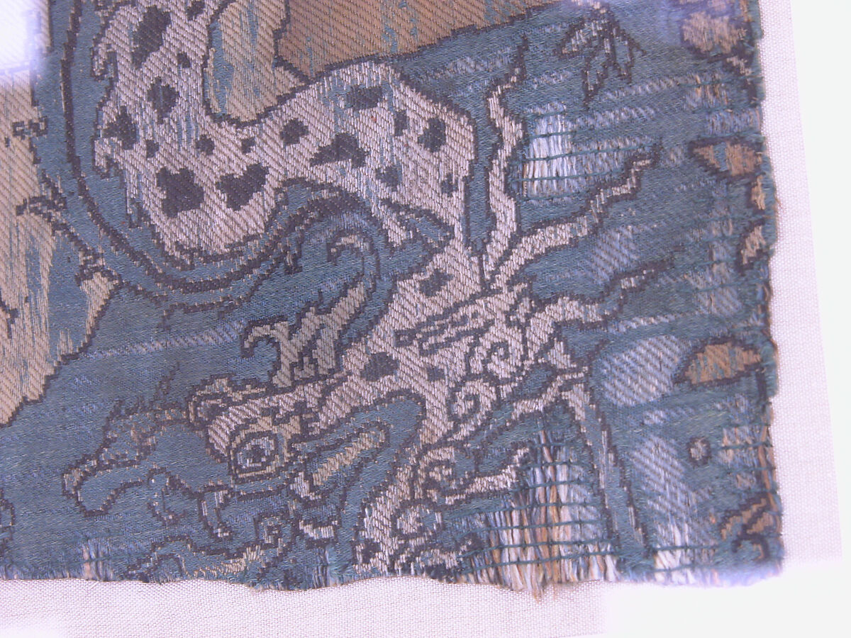 Textile Fragment, Silk and metal wrapped yarns; compound weaveSatin and twill interconnected