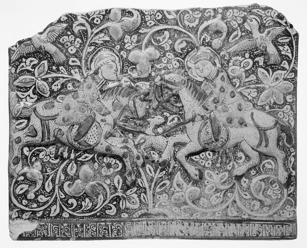 Frieze Tile with Two Hunters, Stonepaste; molded, inglaze painted in blue and turquoise, luster-painted on opaque white glaze