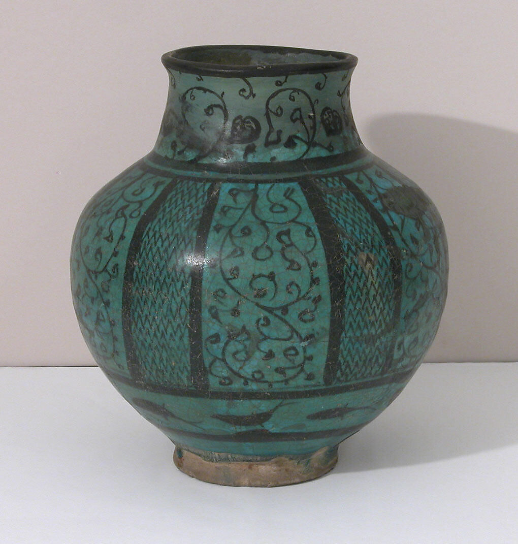 Jar, Stonepaste; underglaze painted under transparent turquoise glaze 