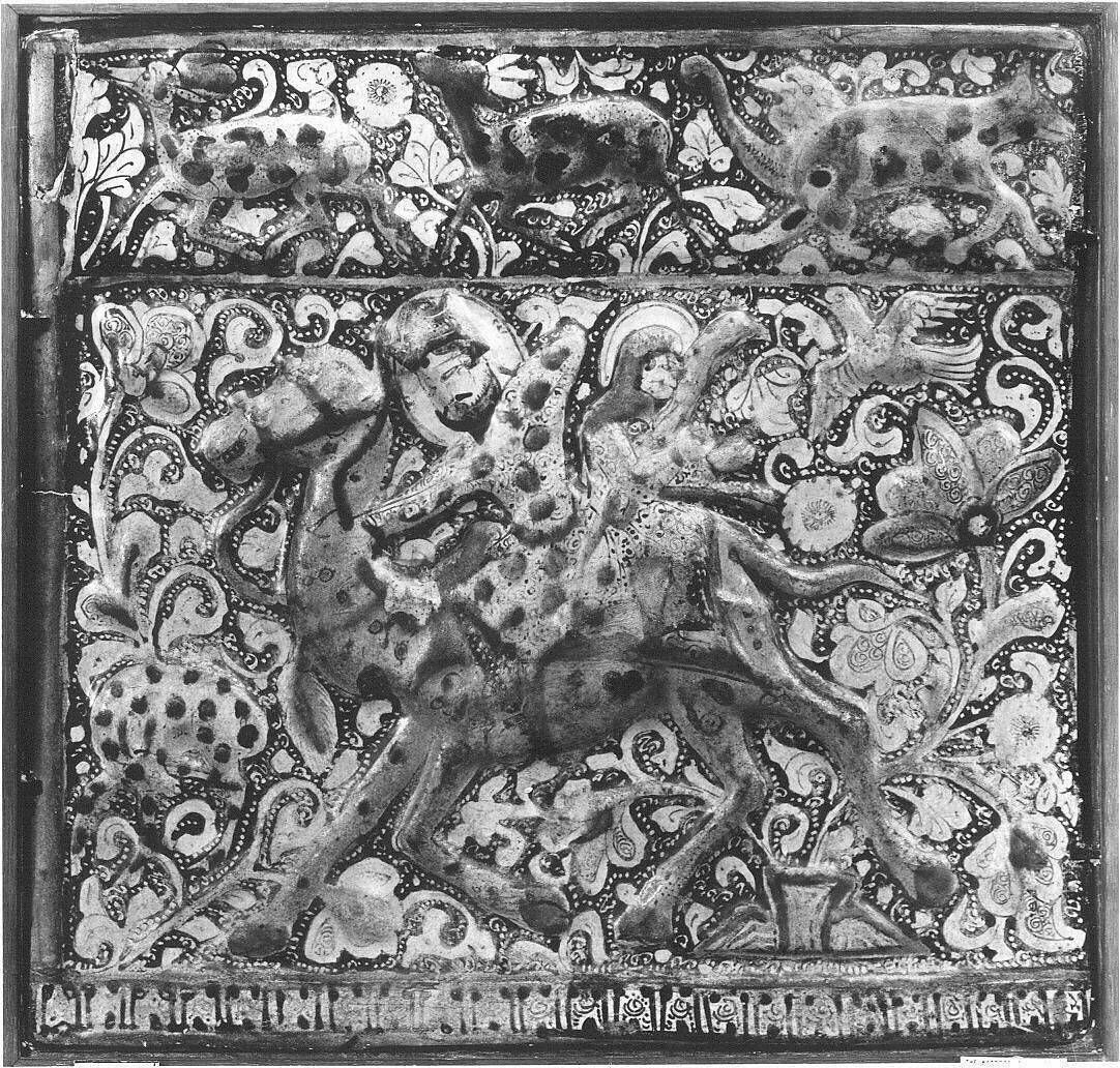 Tile Depicting Bahram Gur and Azada, Stonepaste; inglaze painted in blue, luster-painted on opaque white glaze, modeled