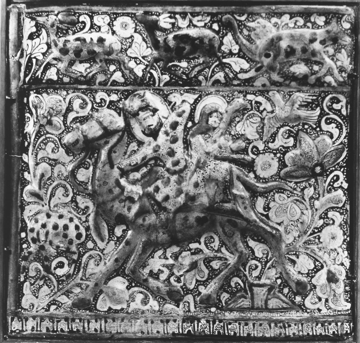 Tile Depicting Bahram Gur and Azada, Stonepaste; inglaze painted in blue, luster-painted on opaque white glaze, modeled