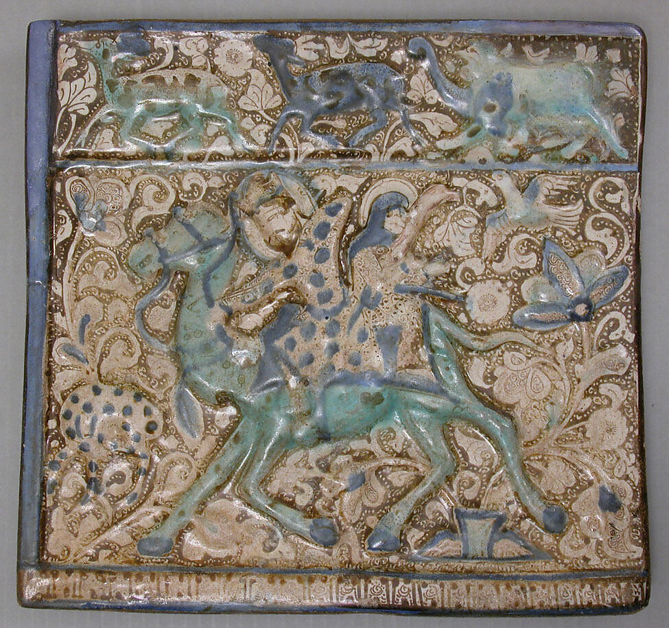 Tile Depicting Bahram Gur and Azada, Stonepaste; inglaze painted in blue, luster-painted on opaque white glaze, modeled 