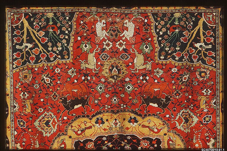 Carpet, Silk (warp) cotton (weft), wool (weft and pile); asymmetrically knotted pile