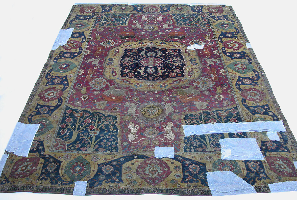 Carpet, Silk (warp) cotton (weft), wool (weft and pile); asymmetrically knotted pile