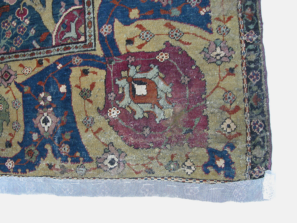 Carpet, Silk (warp) cotton (weft), wool (weft and pile); asymmetrically knotted pile