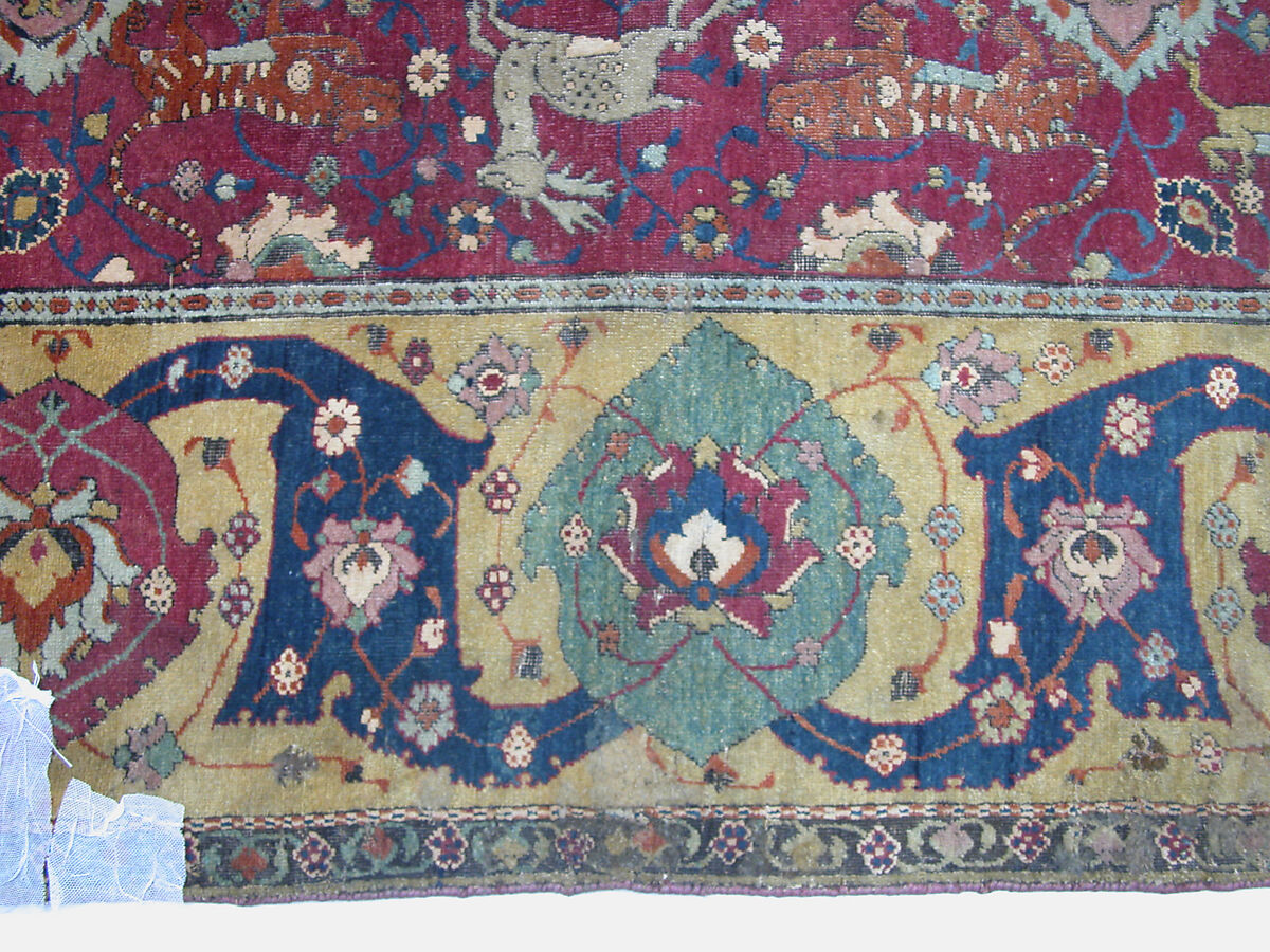 Carpet, Silk (warp) cotton (weft), wool (weft and pile); asymmetrically knotted pile