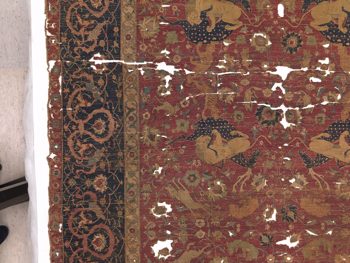 Carpet, Silk (warp and weft), wool (pile); asymmetrically knotted pile