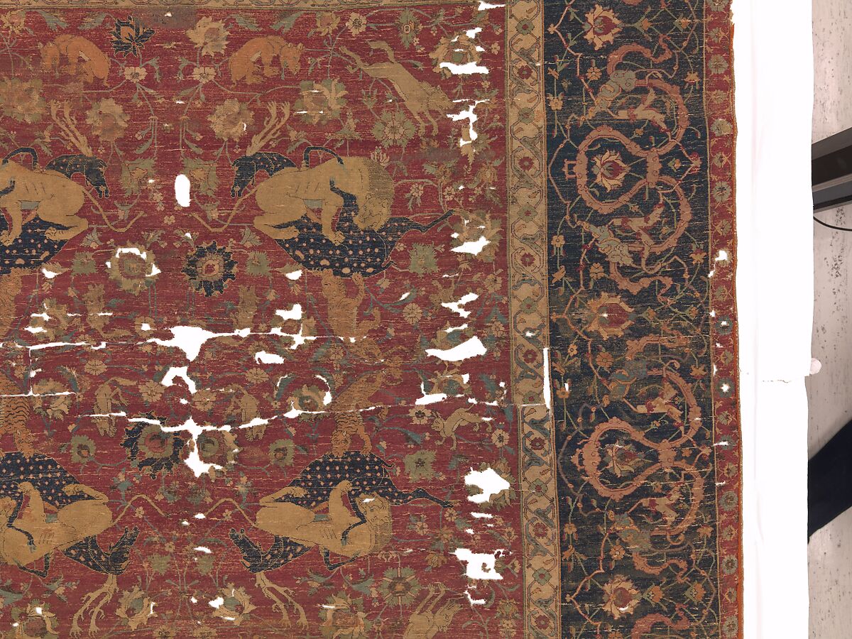 Carpet, Silk (warp and weft), wool (pile); asymmetrically knotted pile