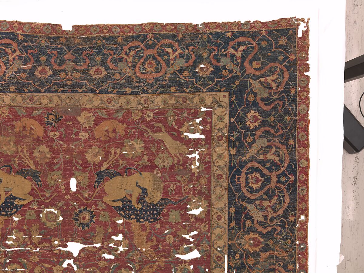 Carpet, Silk (warp and weft), wool (pile); asymmetrically knotted pile