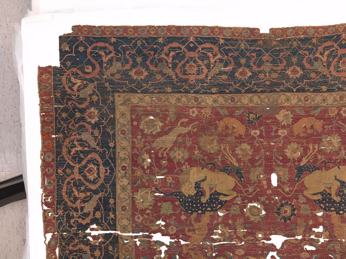 Carpet, Silk (warp and weft), wool (pile); asymmetrically knotted pile