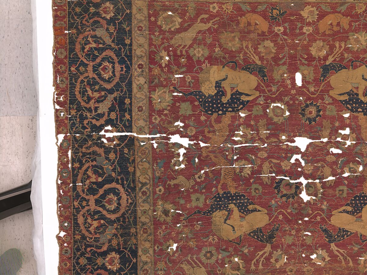 Carpet, Silk (warp and weft), wool (pile); asymmetrically knotted pile