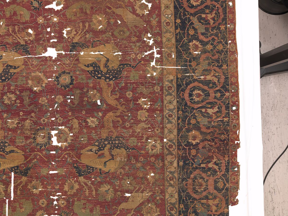 Carpet, Silk (warp and weft), wool (pile); asymmetrically knotted pile