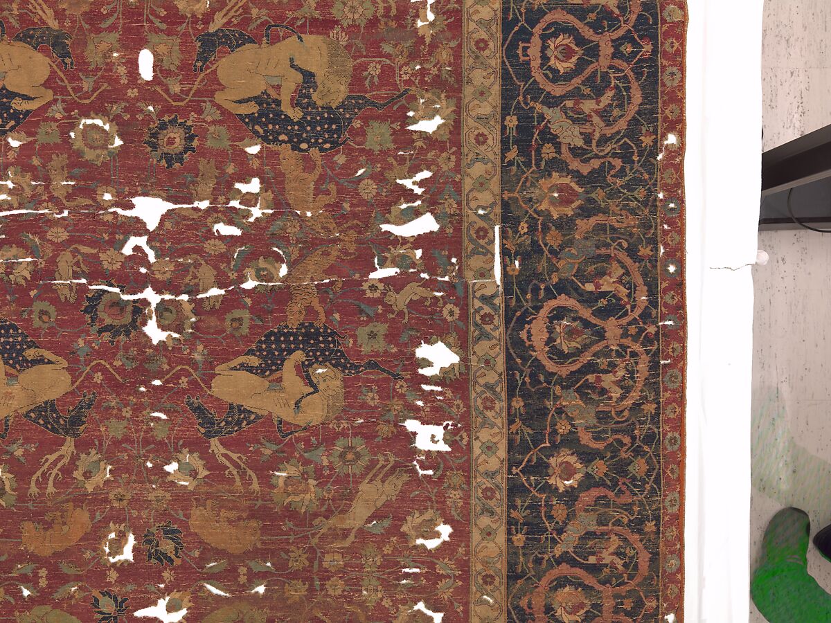 Carpet, Silk (warp and weft), wool (pile); asymmetrically knotted pile