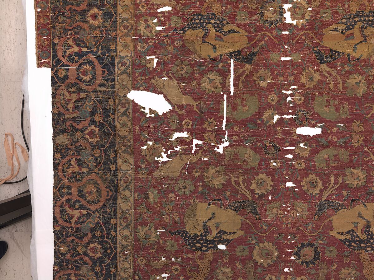 Carpet, Silk (warp and weft), wool (pile); asymmetrically knotted pile