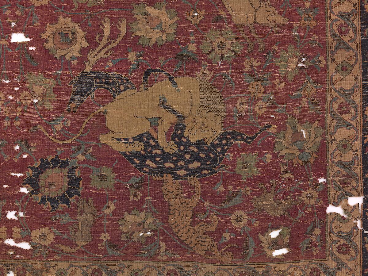 Carpet, Silk (warp and weft), wool (pile); asymmetrically knotted pile