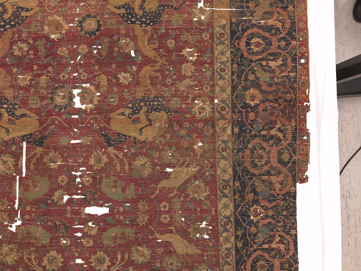 Carpet, Silk (warp and weft), wool (pile); asymmetrically knotted pile