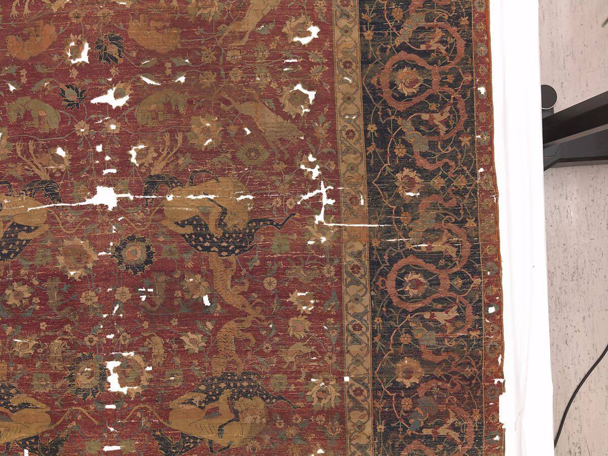 Carpet, Silk (warp and weft), wool (pile); asymmetrically knotted pile