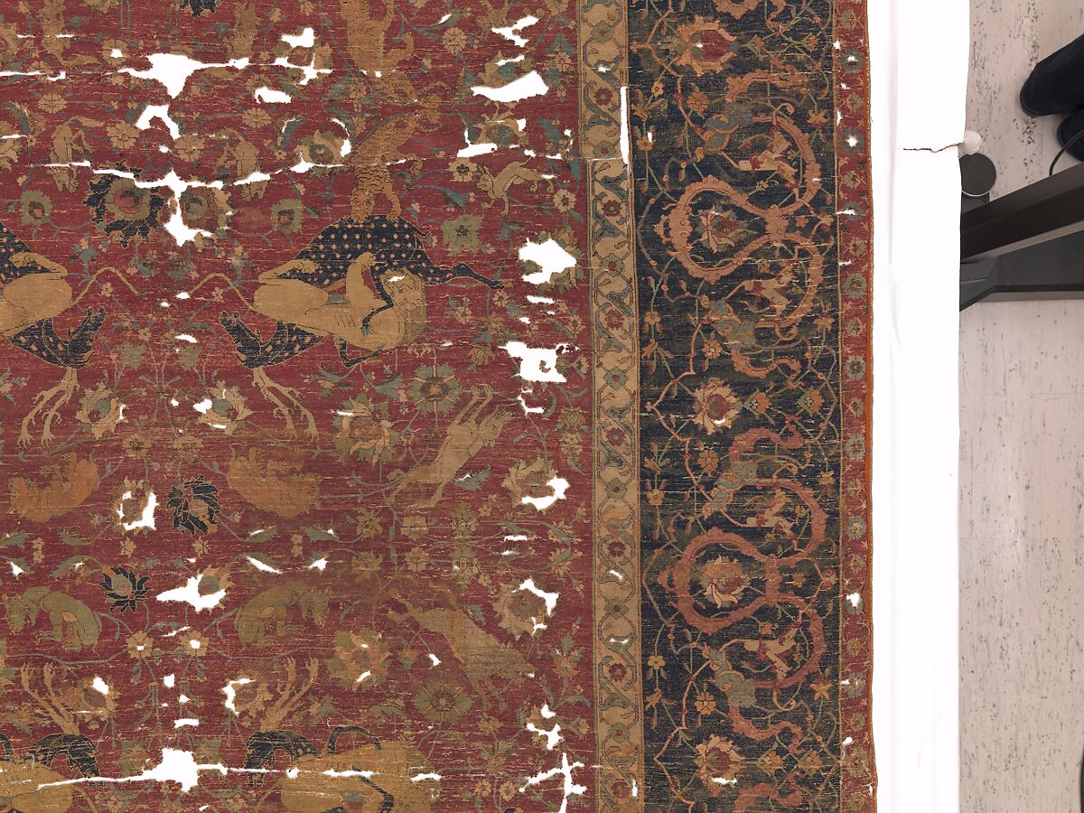 Carpet, Silk (warp and weft), wool (pile); asymmetrically knotted pile