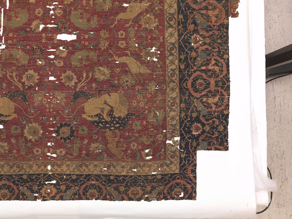 Carpet, Silk (warp and weft), wool (pile); asymmetrically knotted pile